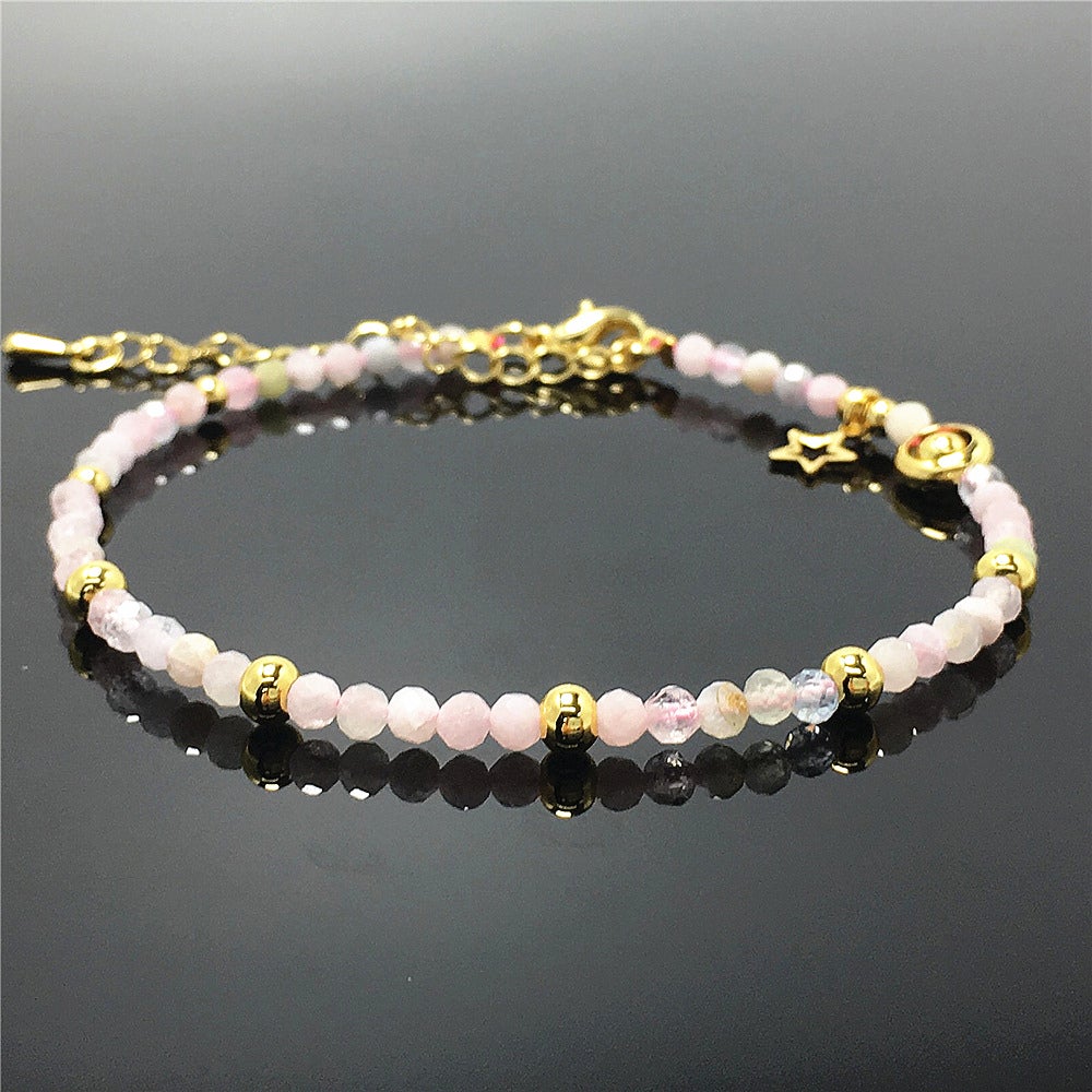 Morganite Gemstone Adjustable Tiny Beads Gemstone Bracelet with Star Charm