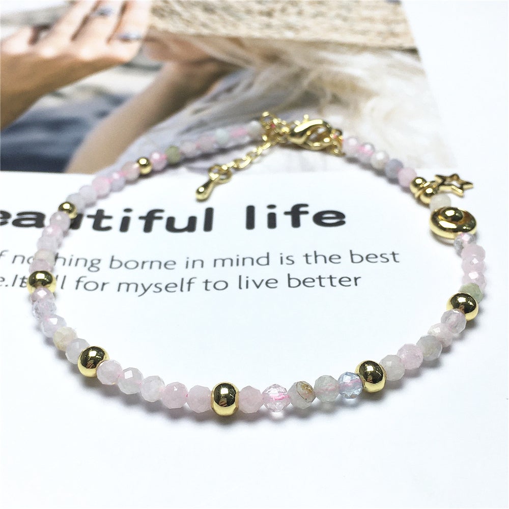 Morganite Gemstone Adjustable Tiny Beads Gemstone Bracelet with Star Charm