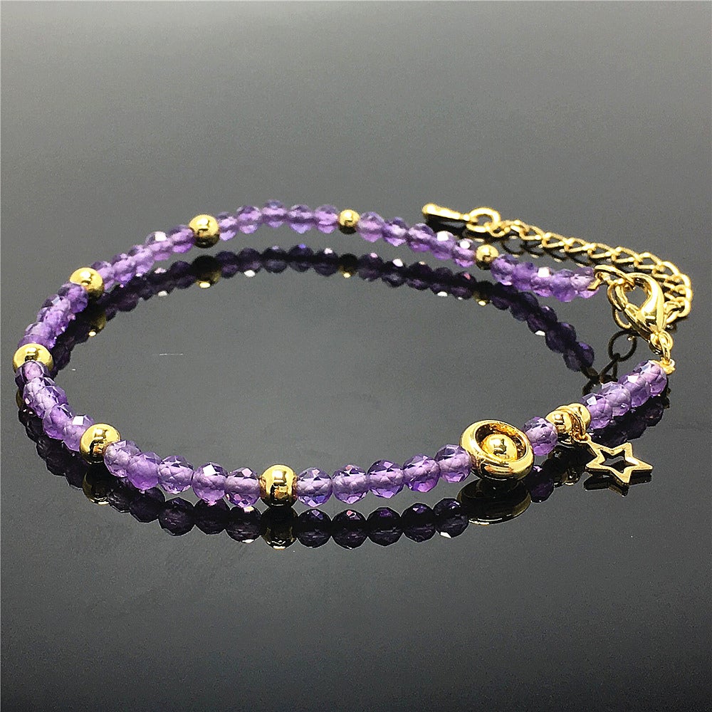 Purple Amethyst Gemstone Adjustable Tiny Beads Gemstone Bracelet with Love Heart Charm