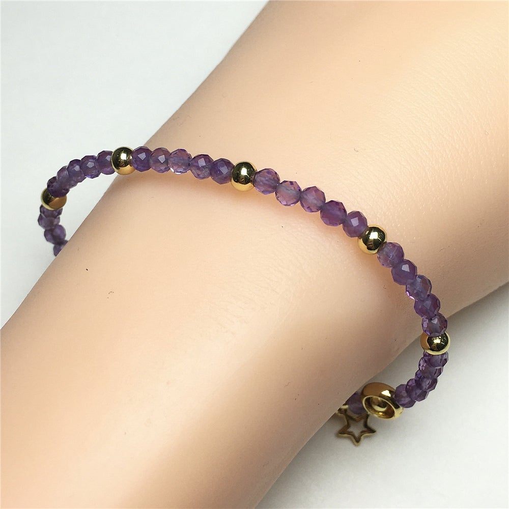 Purple Amethyst Gemstone Adjustable Tiny Beads Gemstone Bracelet with Love Heart Charm