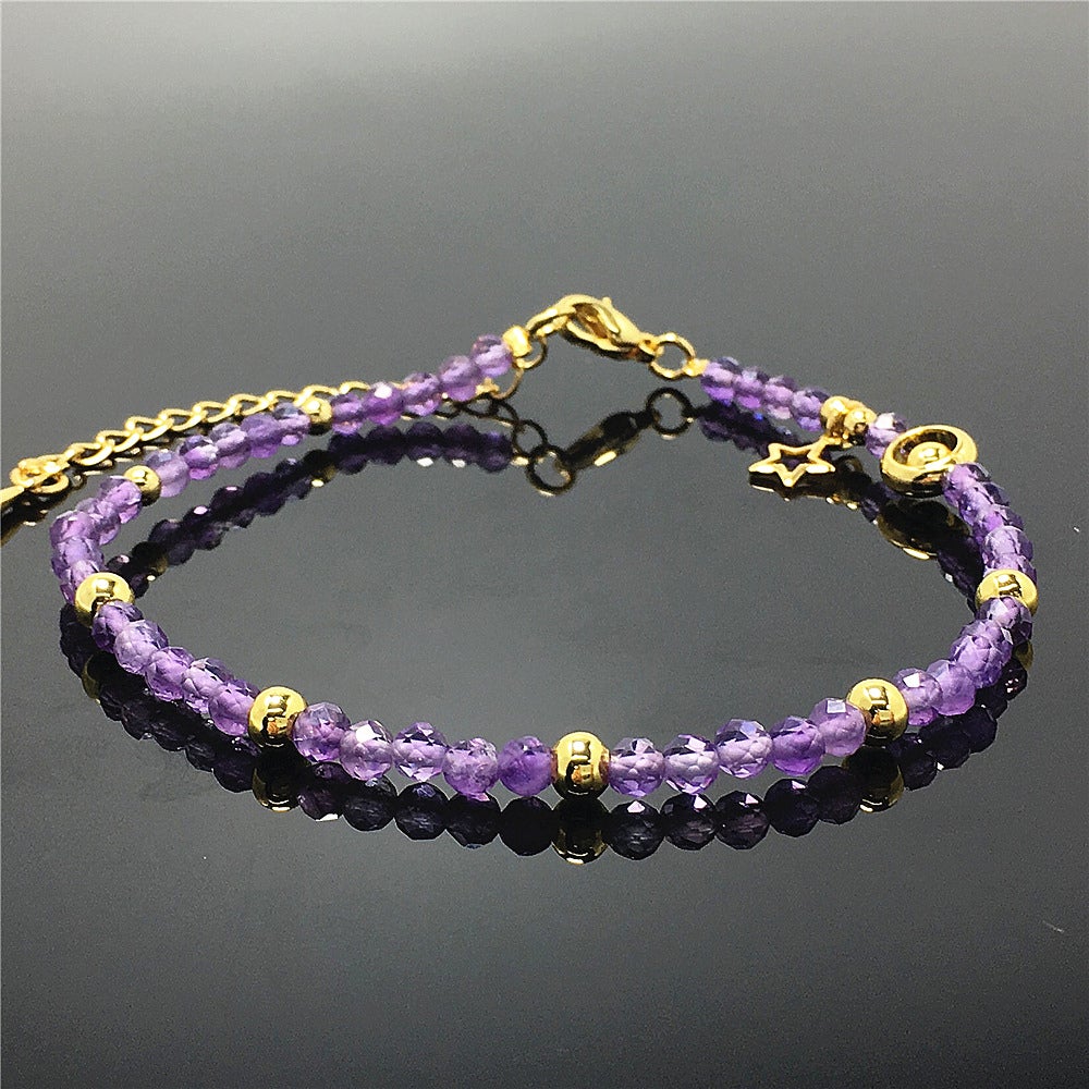 Purple Amethyst Gemstone Adjustable Tiny Beads Gemstone Bracelet with Love Heart Charm