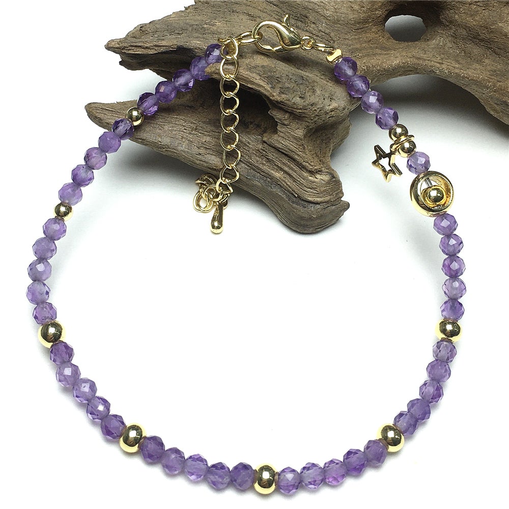 Purple Amethyst Gemstone Adjustable Tiny Beads Gemstone Bracelet with Love Heart Charm