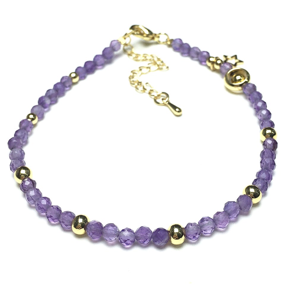 Purple Amethyst Gemstone Adjustable Tiny Beads Gemstone Bracelet with Love Heart Charm