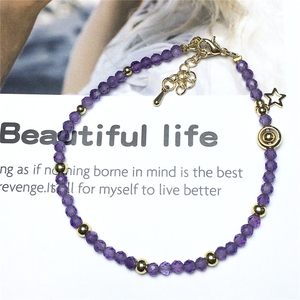 Purple Amethyst Gemstone Adjustable Tiny Beads Gemstone Bracelet with Love Heart Charm