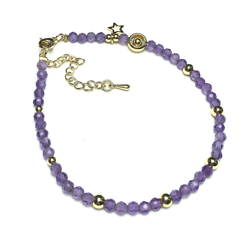 Purple Amethyst Gemstone Adjustable Tiny Beads Gemstone Bracelet with Love Heart Charm