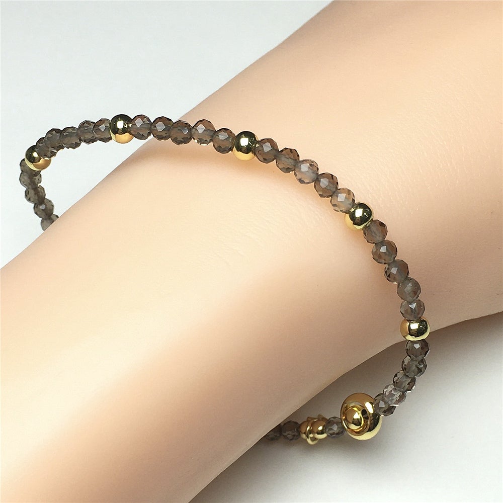 Smoky Quartz Gemstone Adjustable Tiny Beads Gemstone Bracelet with Love Heart Charm