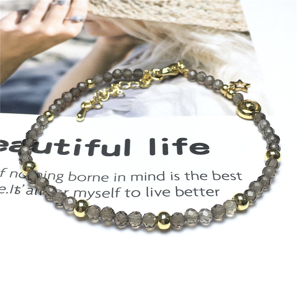 Smoky Quartz Gemstone Adjustable Tiny Beads Gemstone Bracelet with Love Heart Charm