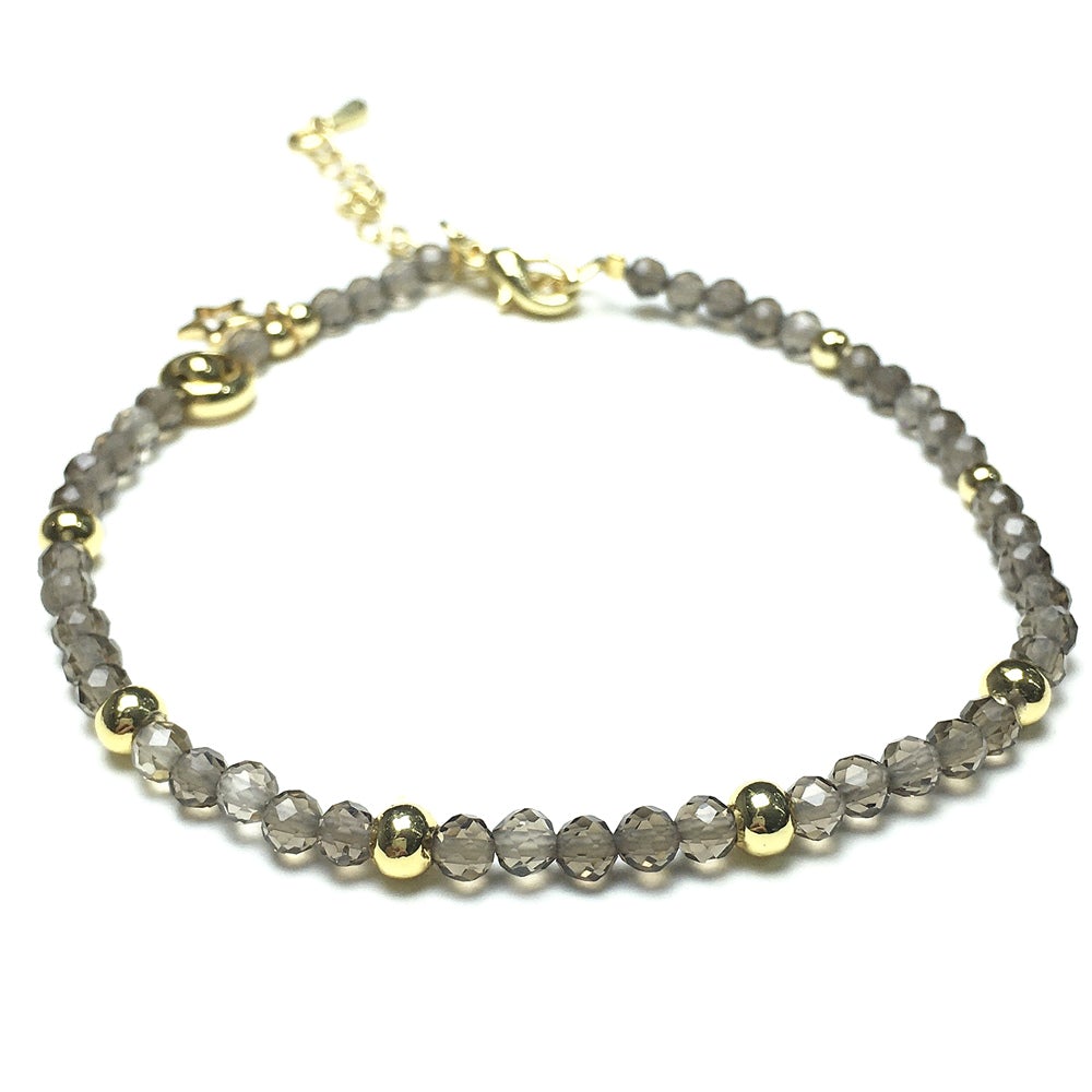 Smoky Quartz Gemstone Adjustable Tiny Beads Gemstone Bracelet with Love Heart Charm