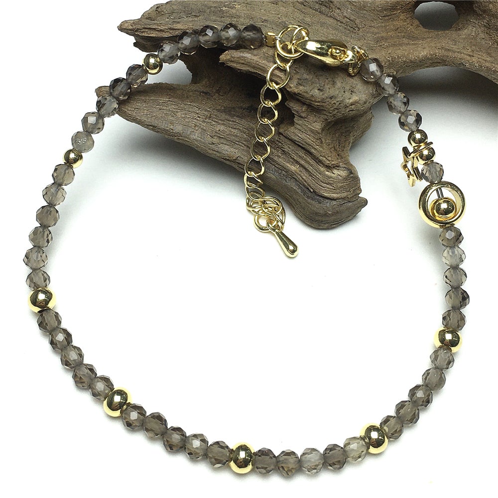 Smoky Quartz Gemstone Adjustable Tiny Beads Gemstone Bracelet with Love Heart Charm