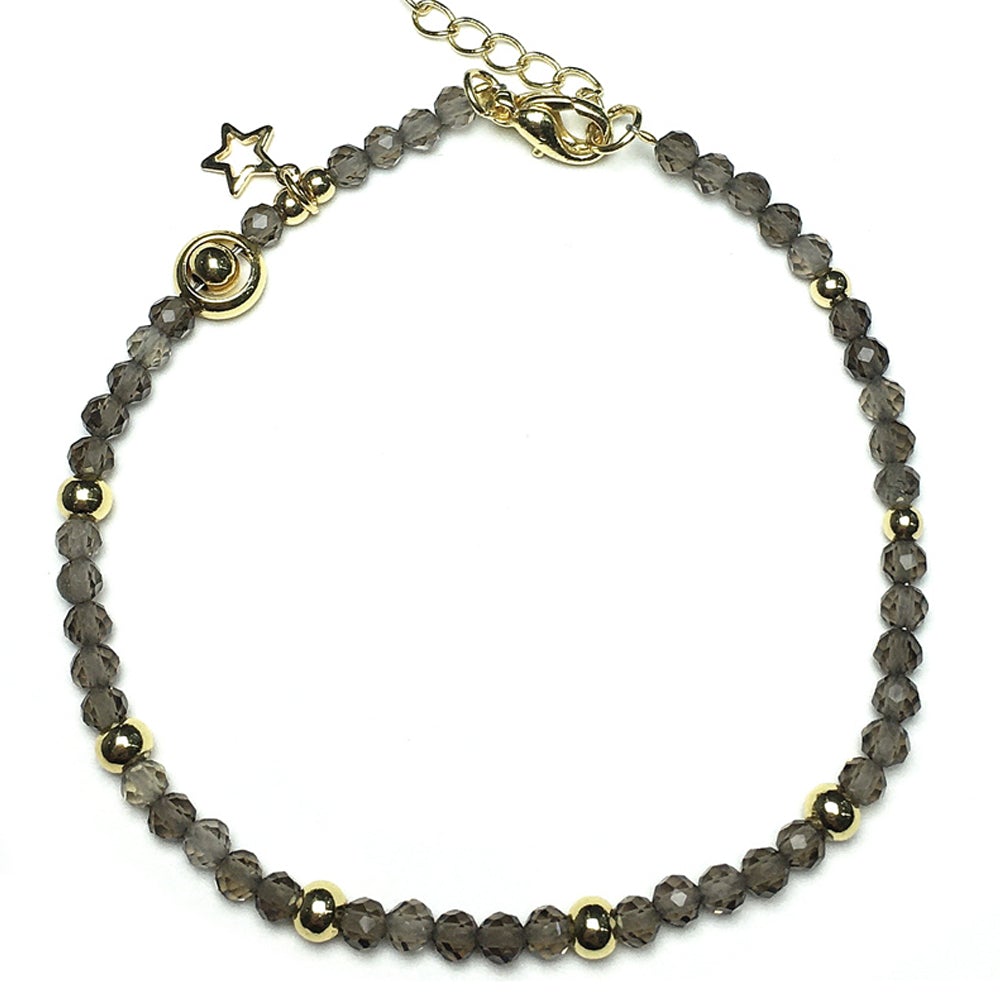 Smoky Quartz Gemstone Adjustable Tiny Beads Gemstone Bracelet with Love Heart Charm