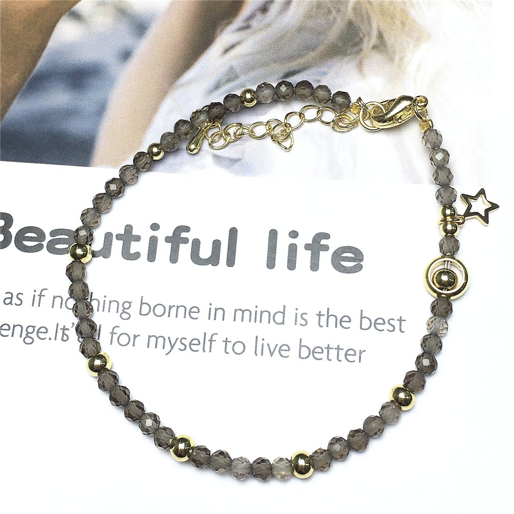 Smoky Quartz Gemstone Adjustable Tiny Beads Gemstone Bracelet with Love Heart Charm