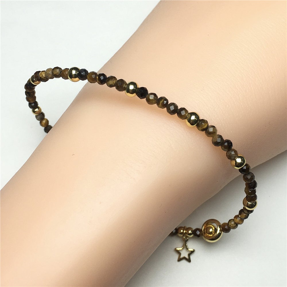 Tiger Eyes Gemstone Adjustable Tiny Beads Gemstone Bracelet with Star Charm