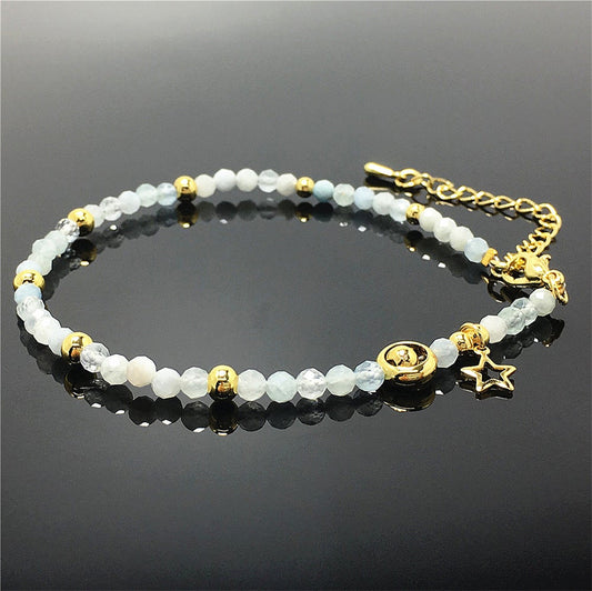 Aquamarine Gemstone Adjustable Tiny Beads Gemstone Bracelet with Star Charm