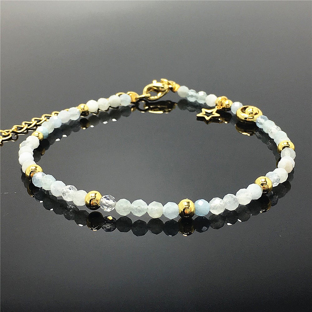 Aquamarine Gemstone Adjustable Tiny Beads Gemstone Bracelet with Star Charm