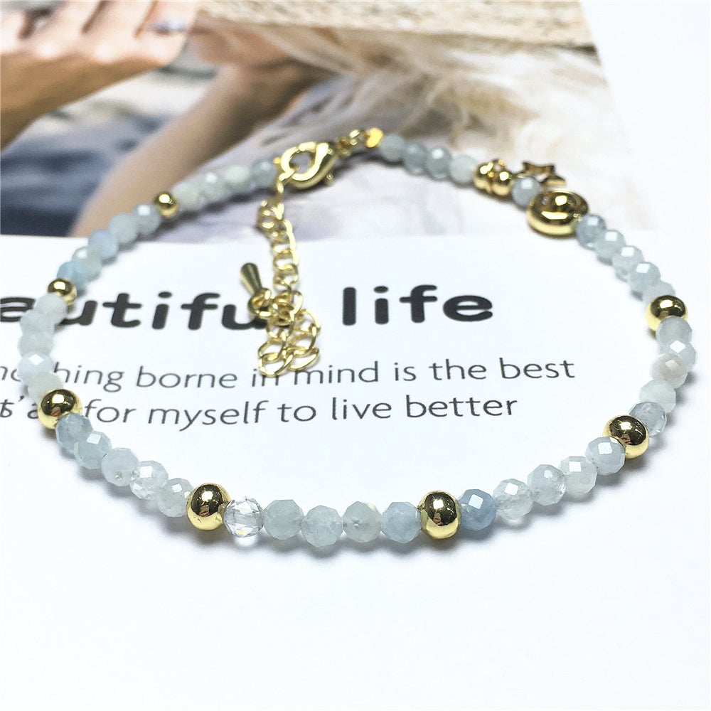 Aquamarine Gemstone Adjustable Tiny Beads Gemstone Bracelet with Star Charm