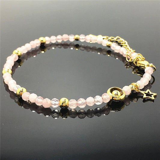 Pink Rose Quartz Gemstone Adjustable Tiny Beads Gemstone Bracelet with Love Heart Charm