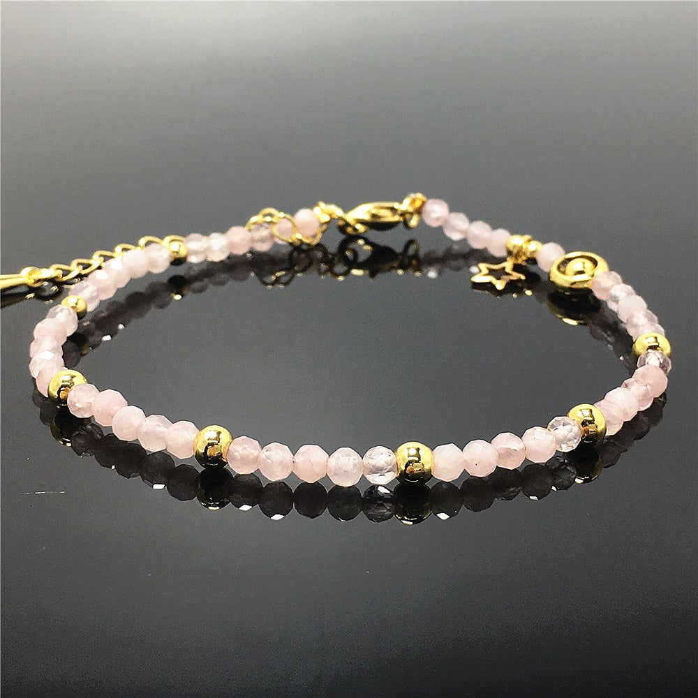 Pink Rose Quartz Gemstone Adjustable Tiny Beads Gemstone Bracelet with Love Heart Charm