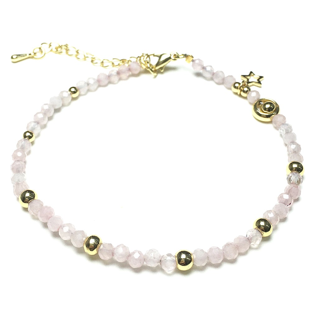 Pink Rose Quartz Gemstone Adjustable Tiny Beads Gemstone Bracelet with Love Heart Charm