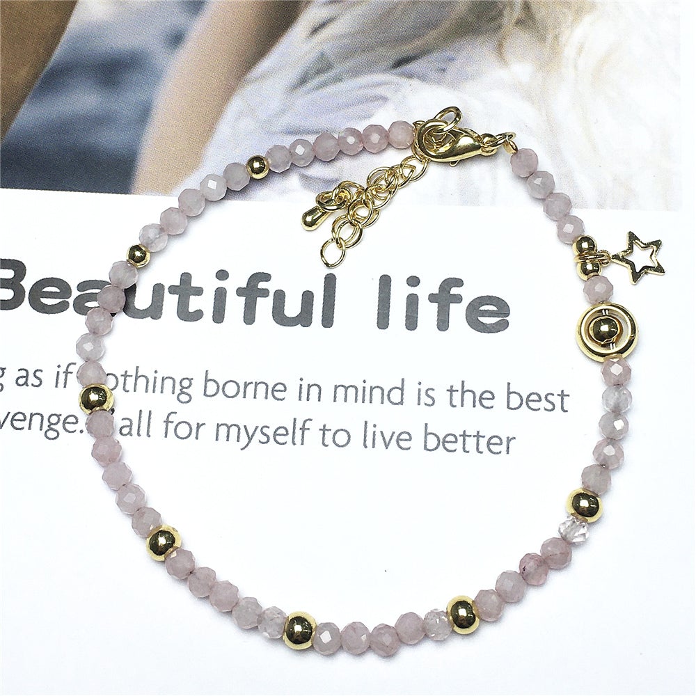 Pink Rose Quartz Gemstone Adjustable Tiny Beads Gemstone Bracelet with Love Heart Charm