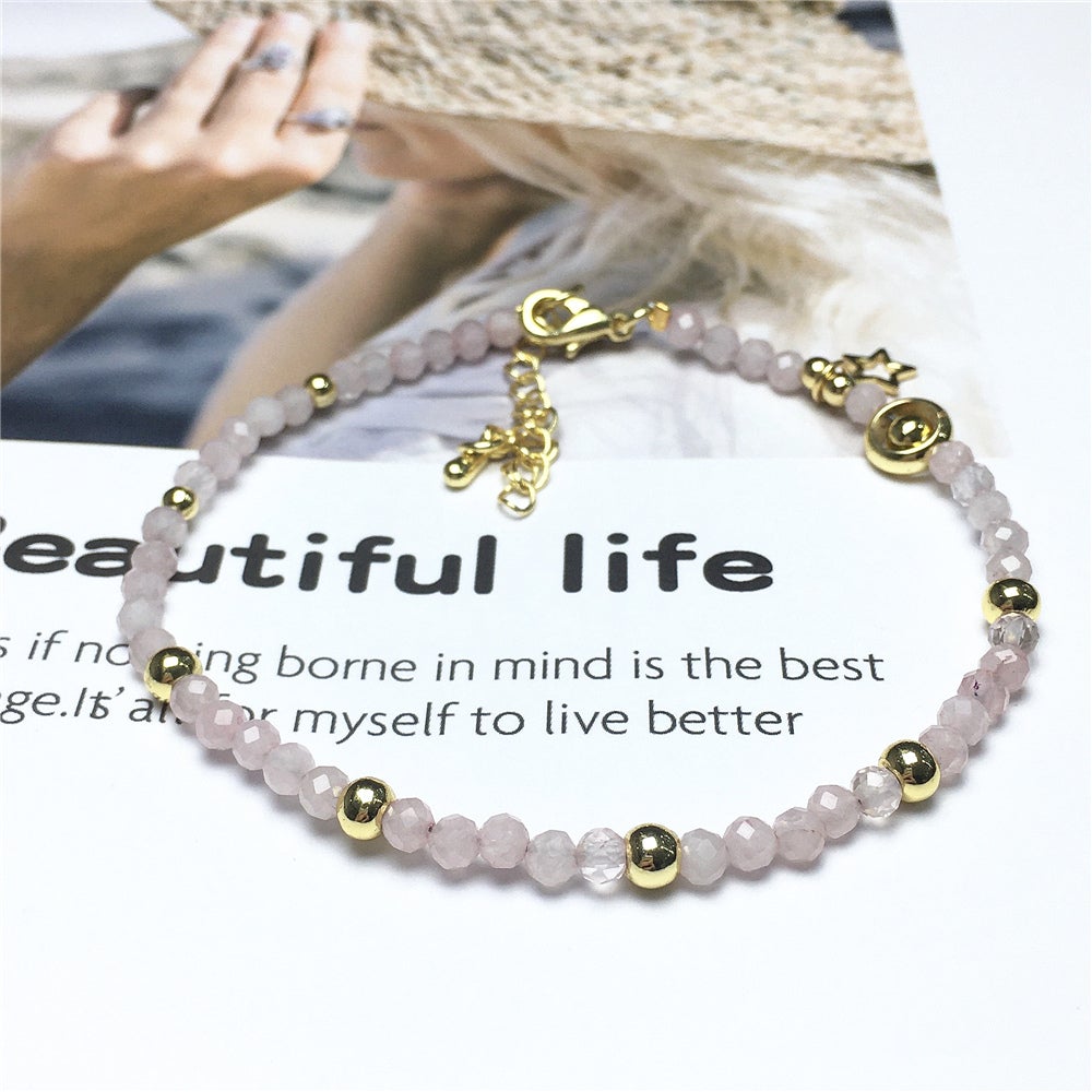 Pink Rose Quartz Gemstone Adjustable Tiny Beads Gemstone Bracelet with Love Heart Charm