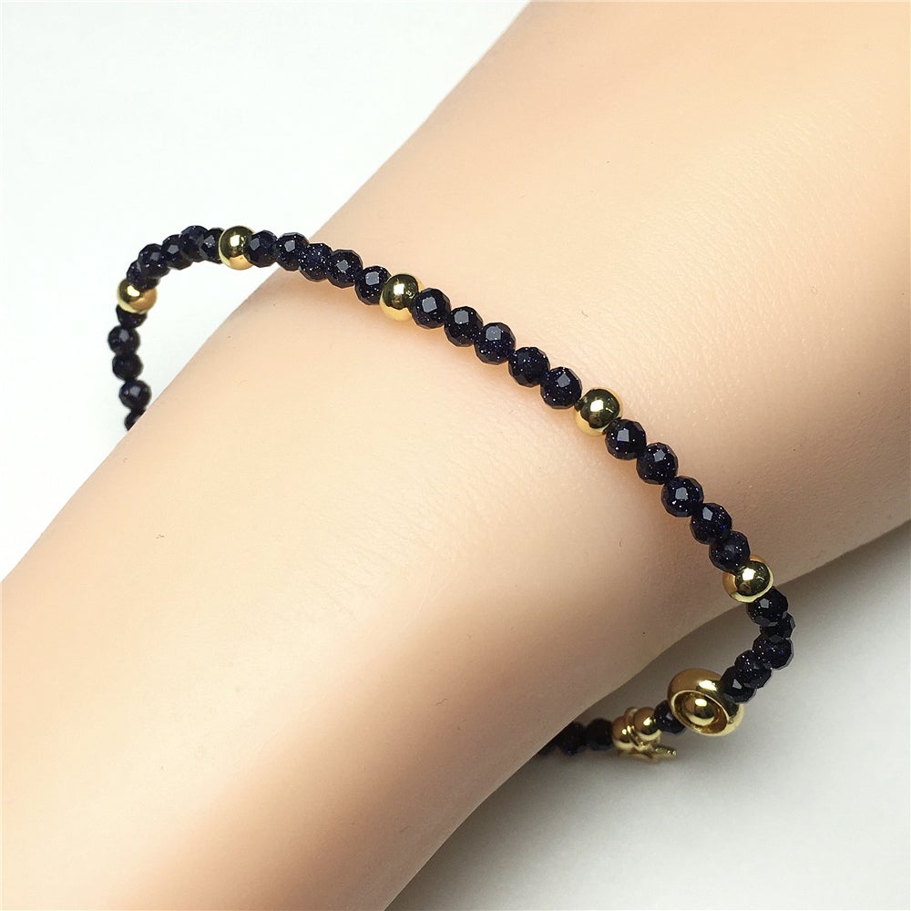 Blue Sandstone Gemstone Adjustable Tiny Beads Gemstone Bracelet with Love Heart Charm