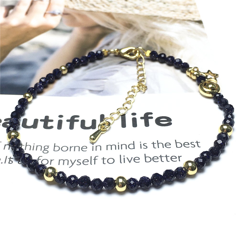 Blue Sandstone Gemstone Adjustable Tiny Beads Gemstone Bracelet with Love Heart Charm