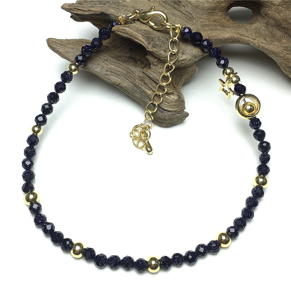 Blue Sandstone Gemstone Adjustable Tiny Beads Gemstone Bracelet with Love Heart Charm