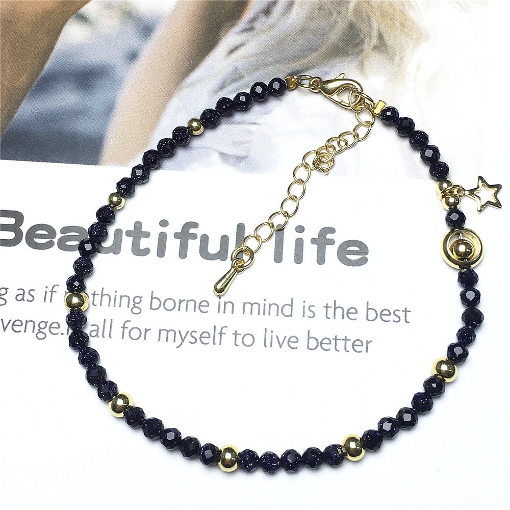 Blue Sandstone Gemstone Adjustable Tiny Beads Gemstone Bracelet with Love Heart Charm