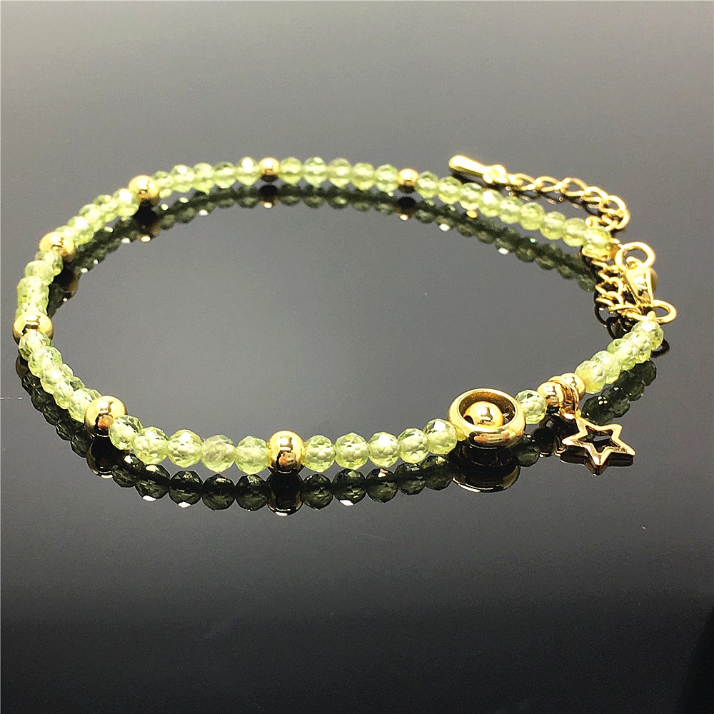 Peridot Gemstone Adjustable Tiny Beads Gemstone Bracelet with Love Heart Charm