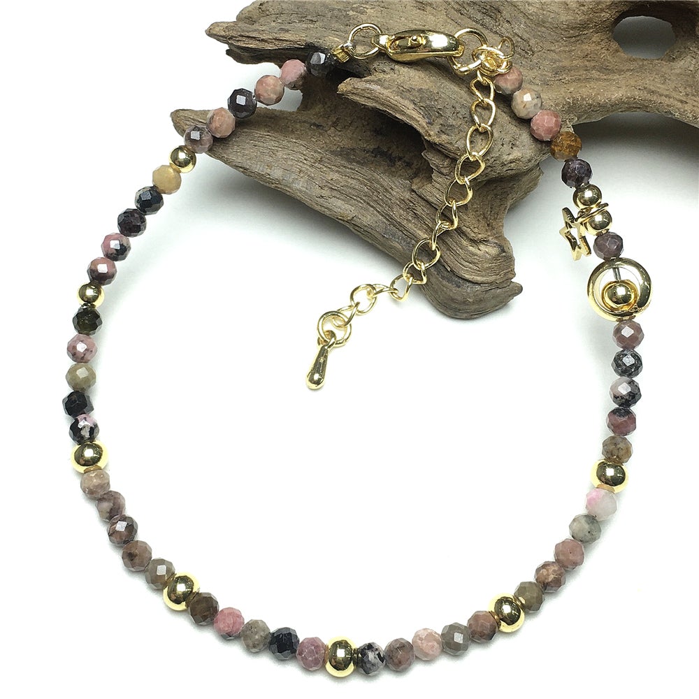 Pink Rhodonite Gemstone Adjustable Tiny Beads Gemstone Bracelet with Love Heart Charm