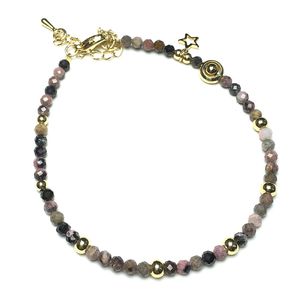 Pink Rhodonite Gemstone Adjustable Tiny Beads Gemstone Bracelet with Love Heart Charm