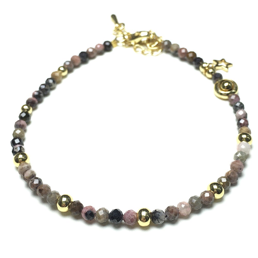 Pink Rhodonite Gemstone Adjustable Tiny Beads Gemstone Bracelet with Love Heart Charm