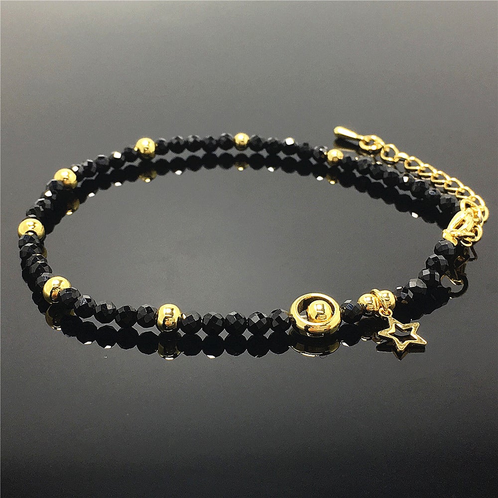 Black Spinel Gemstone Adjustable Tiny Beads Gemstone Bracelet with Star Charm