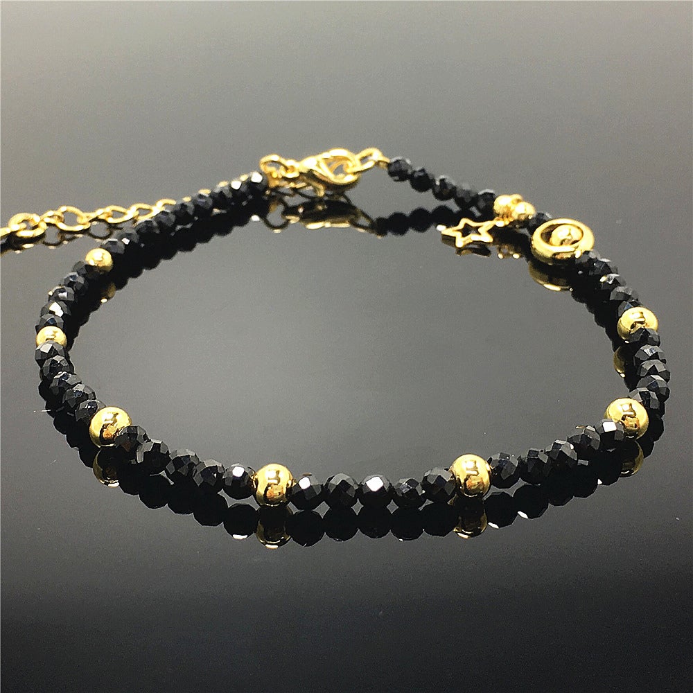 Black Spinel Gemstone Adjustable Tiny Beads Gemstone Bracelet with Star Charm