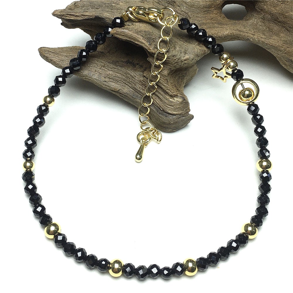 Black Spinel Gemstone Adjustable Tiny Beads Gemstone Bracelet with Star Charm