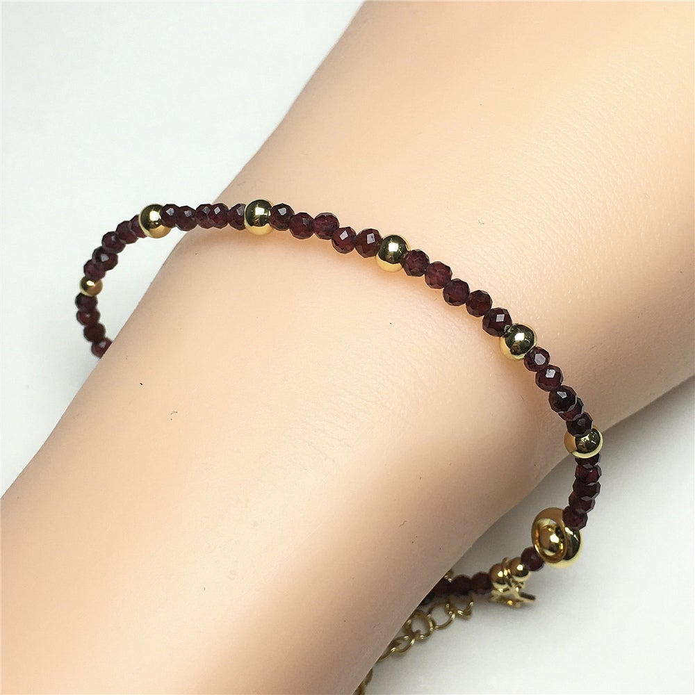 Red Garnet Gemstone Adjustable Tiny Beads Gemstone Bracelet with Love Heart Charm