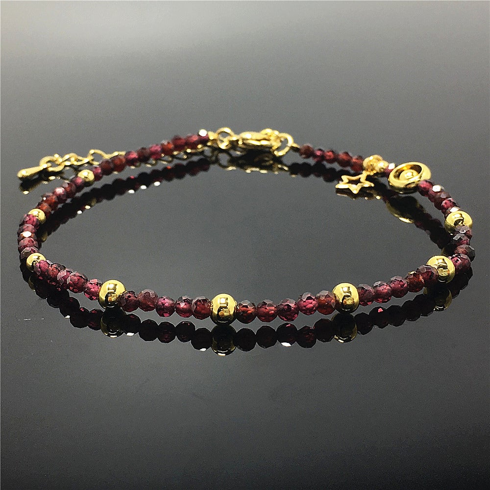 Red Garnet Gemstone Adjustable Tiny Beads Gemstone Bracelet with Love Heart Charm