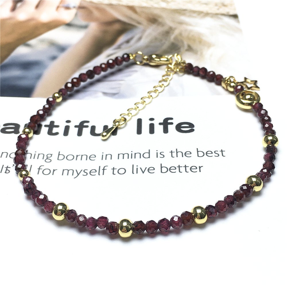 Red Garnet Gemstone Adjustable Tiny Beads Gemstone Bracelet with Love Heart Charm