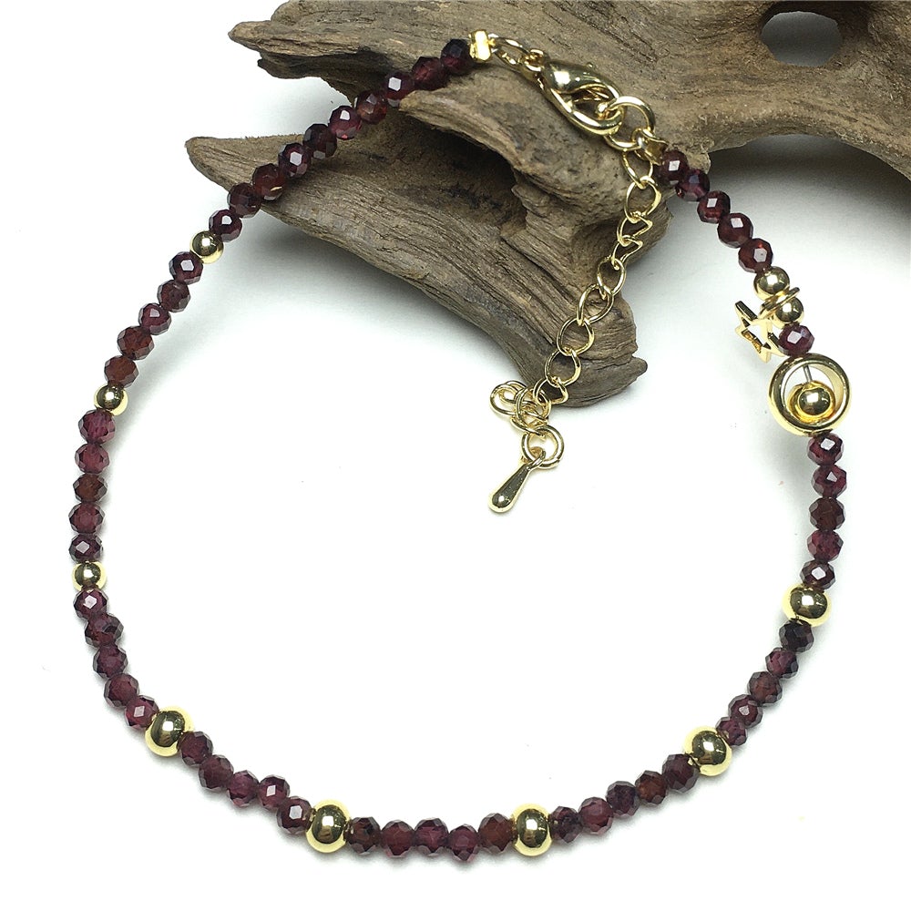 Red Garnet Gemstone Adjustable Tiny Beads Gemstone Bracelet with Love Heart Charm