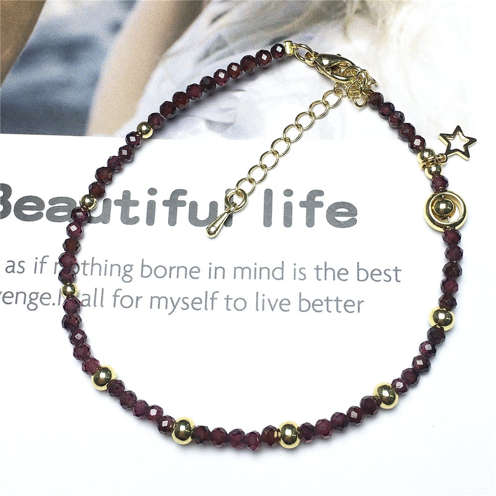 Red Garnet Gemstone Adjustable Tiny Beads Gemstone Bracelet with Love Heart Charm