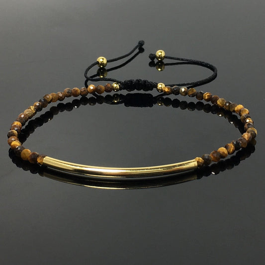 Natural Tiger Eyes Gemstone Braid Rope Macrame Adjustable Bracelet Tiny Beads Gemstone Bracelet with Gold Spacer