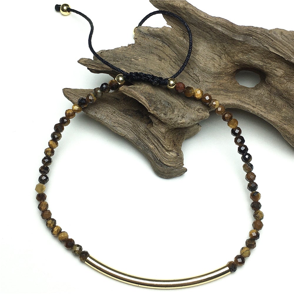 Natural Tiger Eyes Gemstone Braid Rope Macrame Adjustable Bracelet Tiny Beads Gemstone Bracelet with Gold Spacer