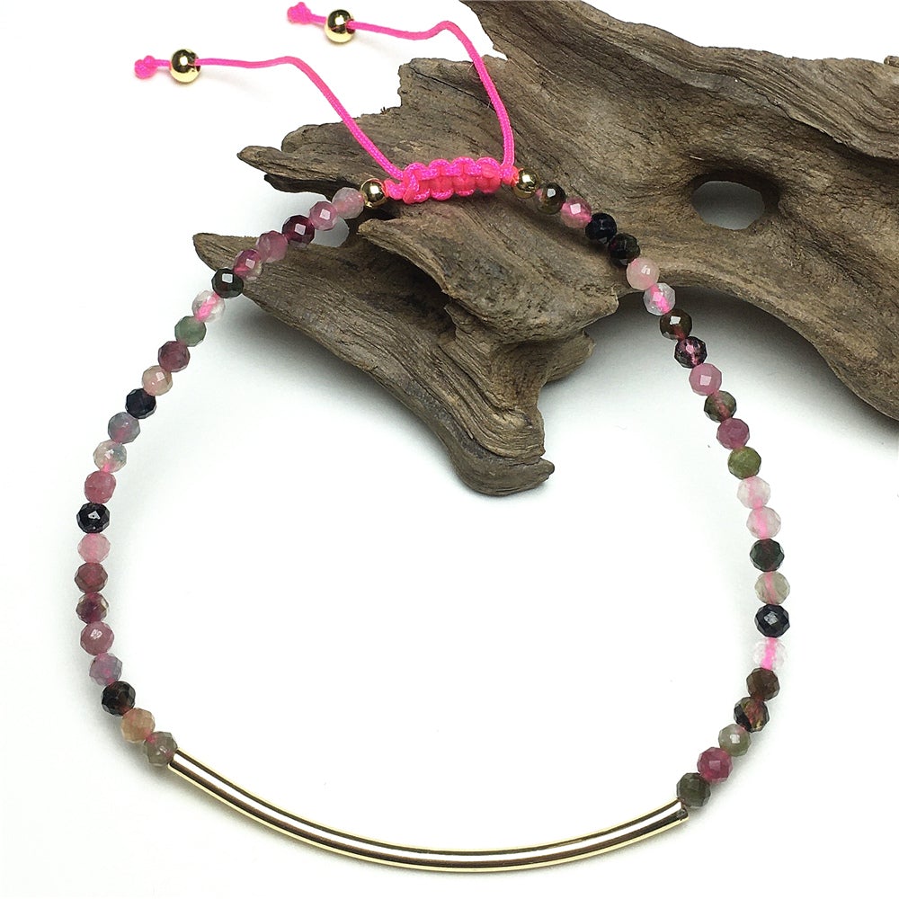 Natural Tourmaline Gemstone Braid Rope Macrame Adjustable Bracelet Tiny Beads Gemstone Bracelet with Gold Spacer