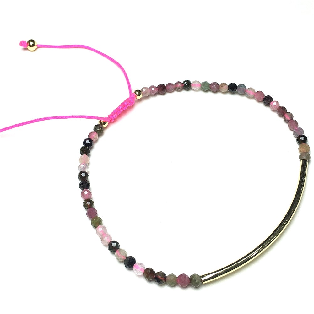 Natural Tourmaline Gemstone Braid Rope Macrame Adjustable Bracelet Tiny Beads Gemstone Bracelet with Gold Spacer