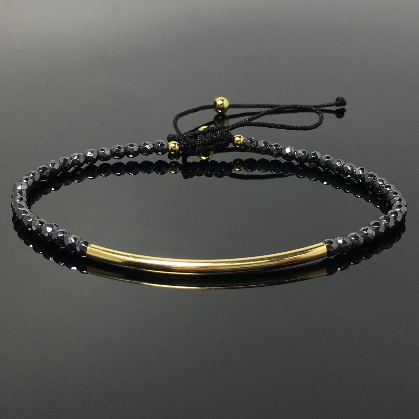 Natural Hematite Gemstone Braid Rope Macrame Adjustable Bracelet Tiny Beads Gemstone Bracelet with Gold Spacer