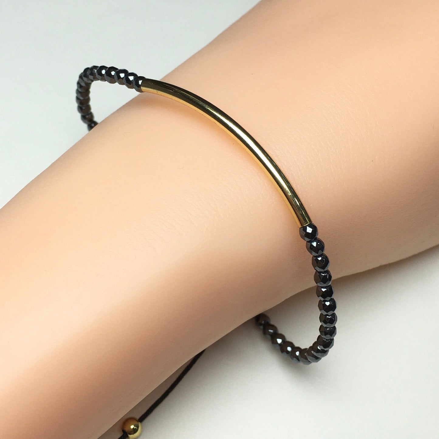 Natural Hematite Gemstone Braid Rope Macrame Adjustable Bracelet Tiny Beads Gemstone Bracelet with Gold Spacer