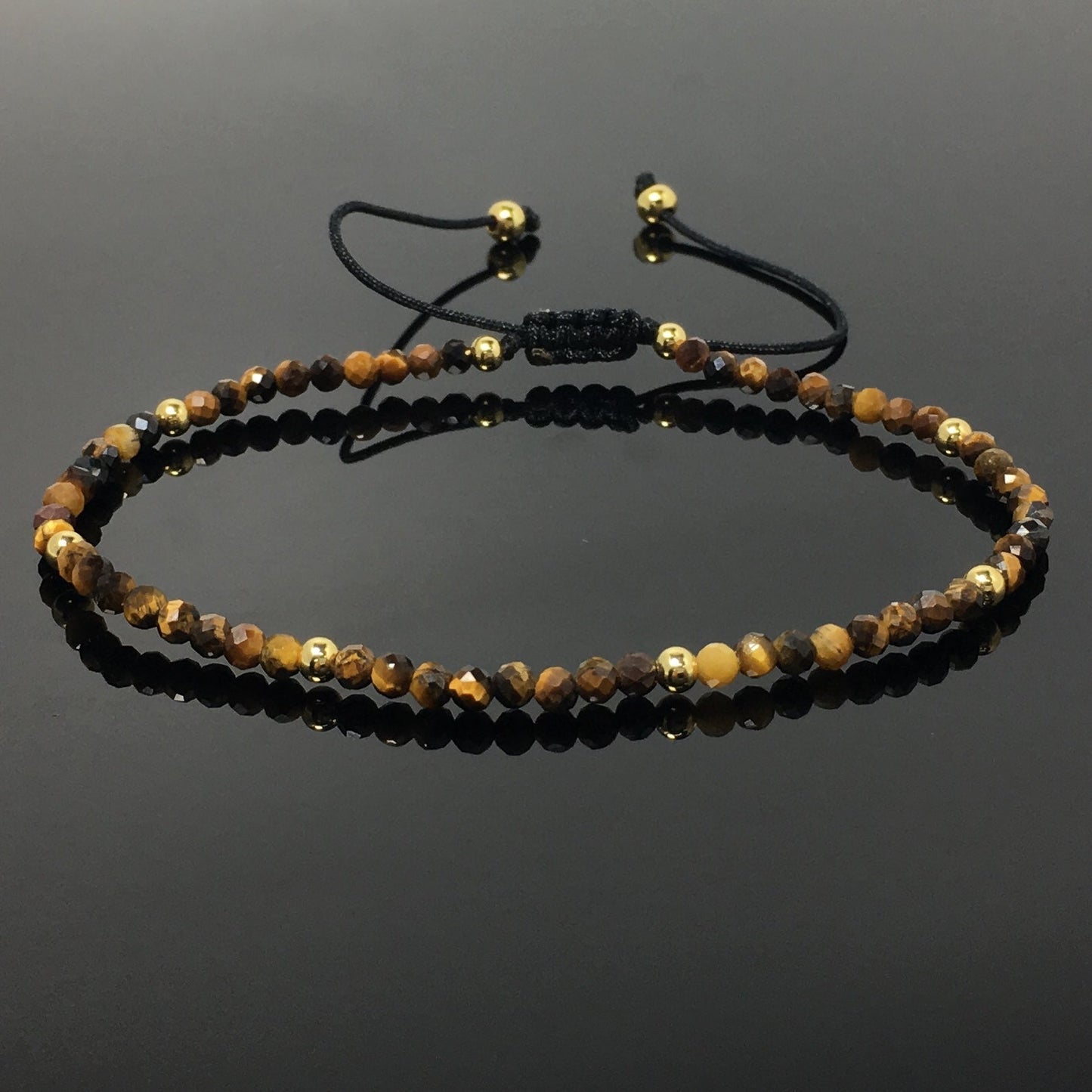 Natural Tiger Eyes Gemstone Braid Rope Macrame Adjustable Bracelet Tiny Beads Gemstone Bracelet with Gold Beads Spacer