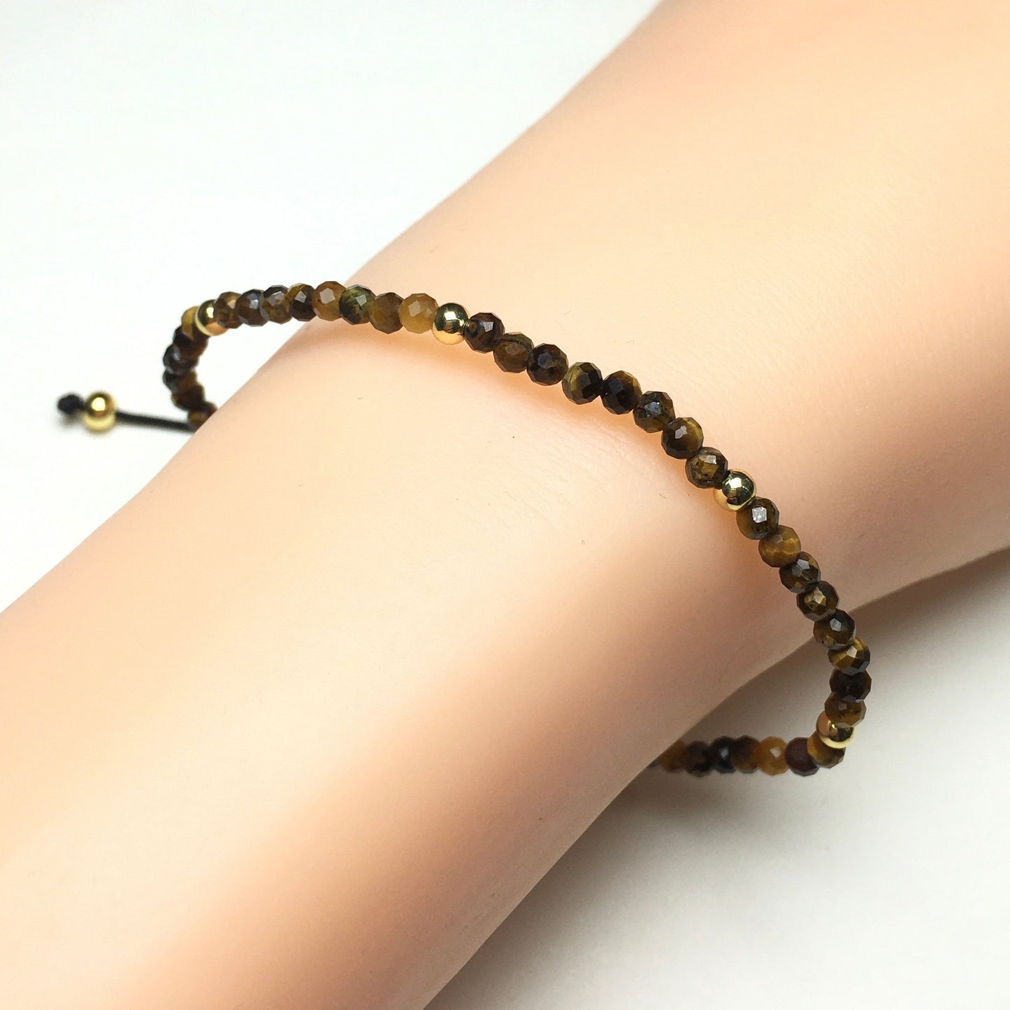 Natural Tiger Eyes Gemstone Braid Rope Macrame Adjustable Bracelet Tiny Beads Gemstone Bracelet with Gold Beads Spacer