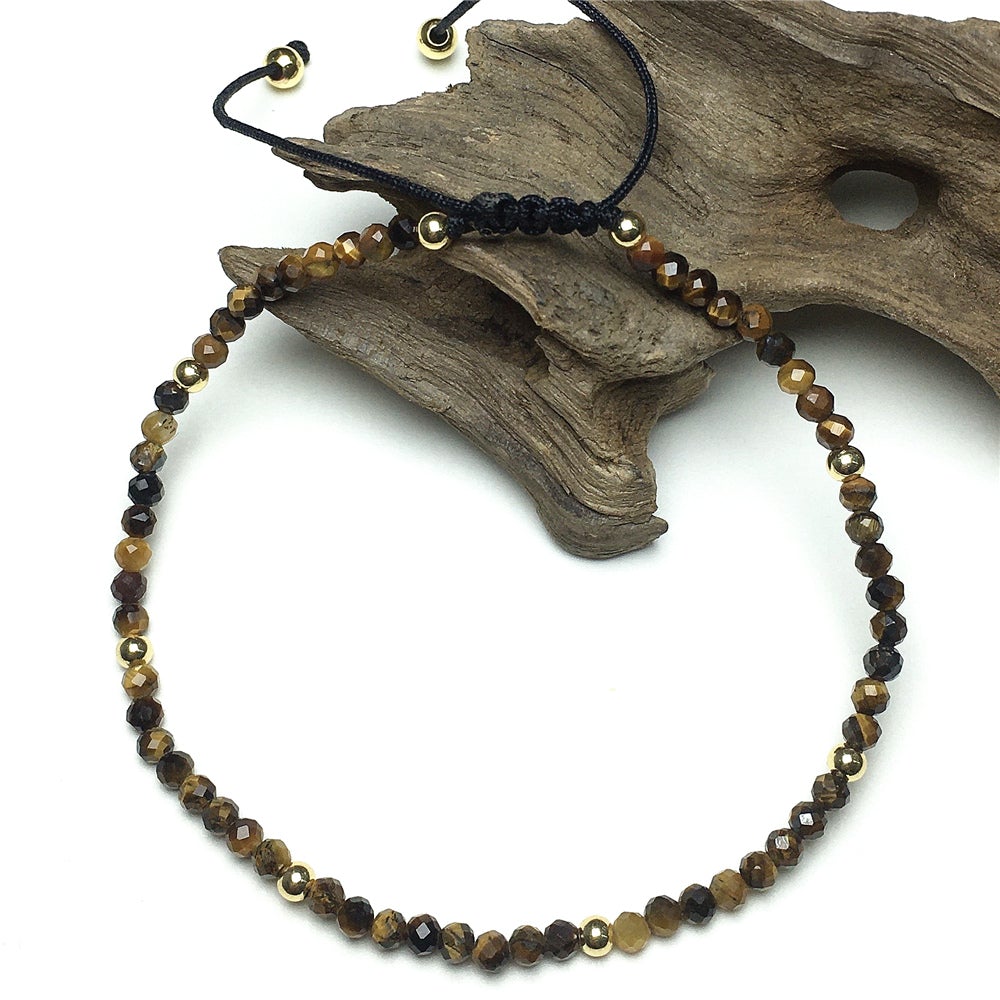 Natural Tiger Eyes Gemstone Braid Rope Macrame Adjustable Bracelet Tiny Beads Gemstone Bracelet with Gold Beads Spacer