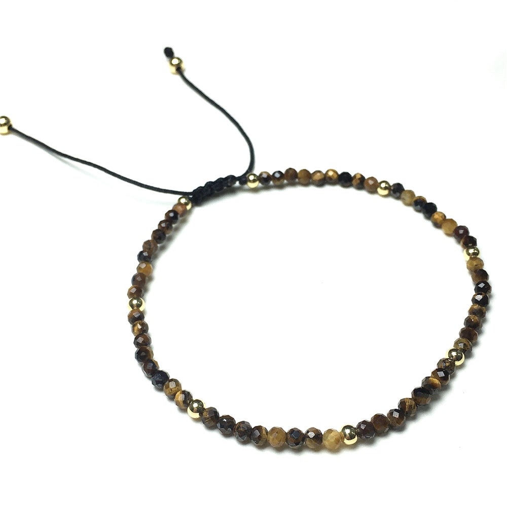 Natural Tiger Eyes Gemstone Braid Rope Macrame Adjustable Bracelet Tiny Beads Gemstone Bracelet with Gold Beads Spacer